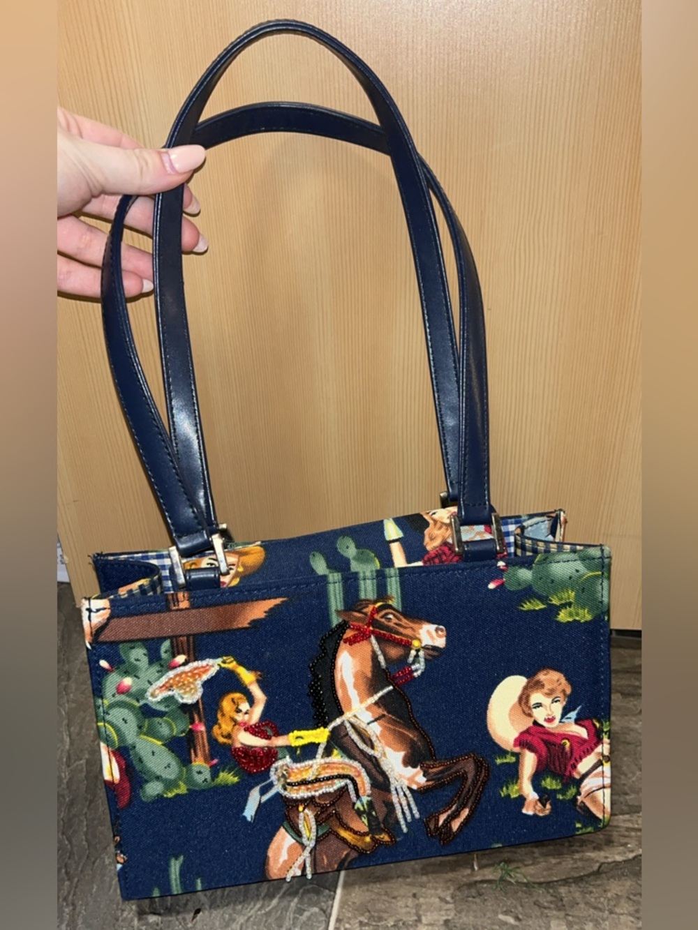 Navy Western Print Tote Bag with Long Handles